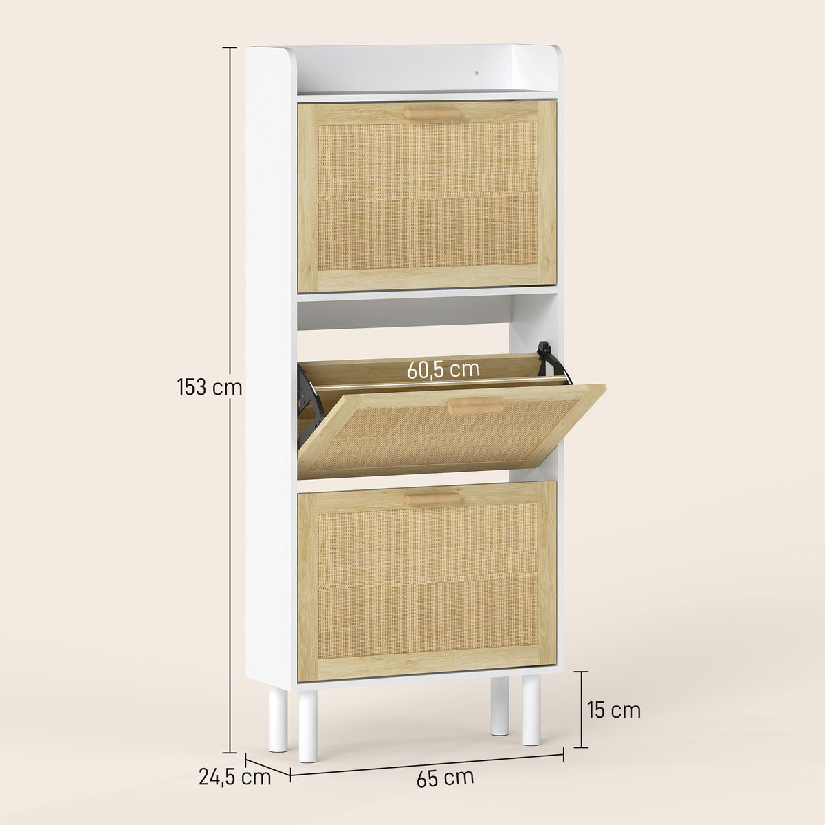Meuble à chaussures 3 portes abattants étagère effet résine tressée design bohème 65 x 24,5 x 153 cm blanc
