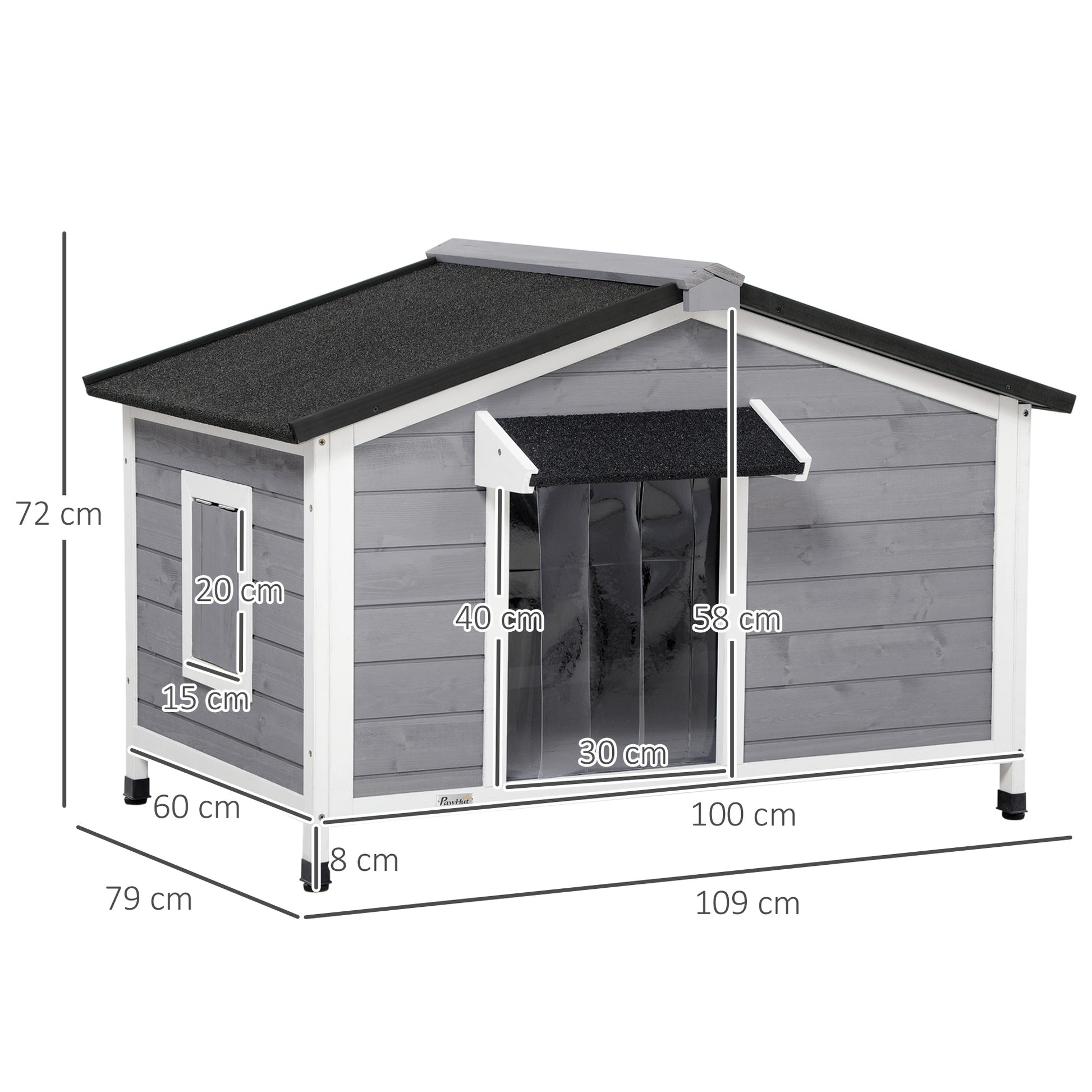 Niche chien style cottage - 2 fenêtres, porte, toit ouvrant bitumé - dim. 109 x 79 x 72 cm - bois sapin gris
