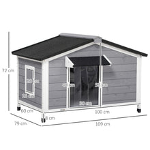 Niche chien style cottage - 2 fenêtres, porte, toit ouvrant bitumé - dim. 109 x 79 x 72 cm - bois sapin gris