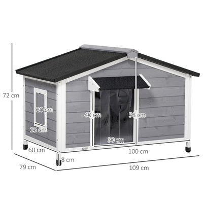 Niche chien style cottage - 2 fenêtres, porte, toit ouvrant bitumé - dim. 109 x 79 x 72 cm - bois sapin gris