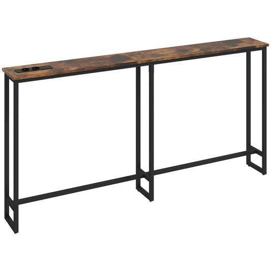 Table console étroite style industriel avec prises de courant et USB, pour salon entrée couloir, 160x20x80cm, marron