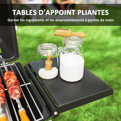 Barbecue gaz transportable, 2 brûleurs 5,6 kW, barbecue gaz de camping avec étagères latérales thermomètre et roues, noir