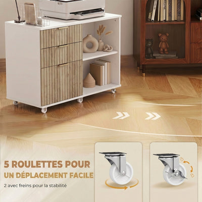 Support d'Imprimante sur Roulettes, 3 Tiroirs, 2 Étagères Ouvertes, Design Ondulé, 80x40x68cm, Blanc Chêne