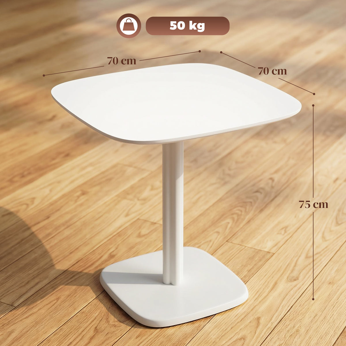 Table à manger pour 4 personne table de cuisine carrée style moderne avec plateau aspect bois, 70 x 70 cm, blanc