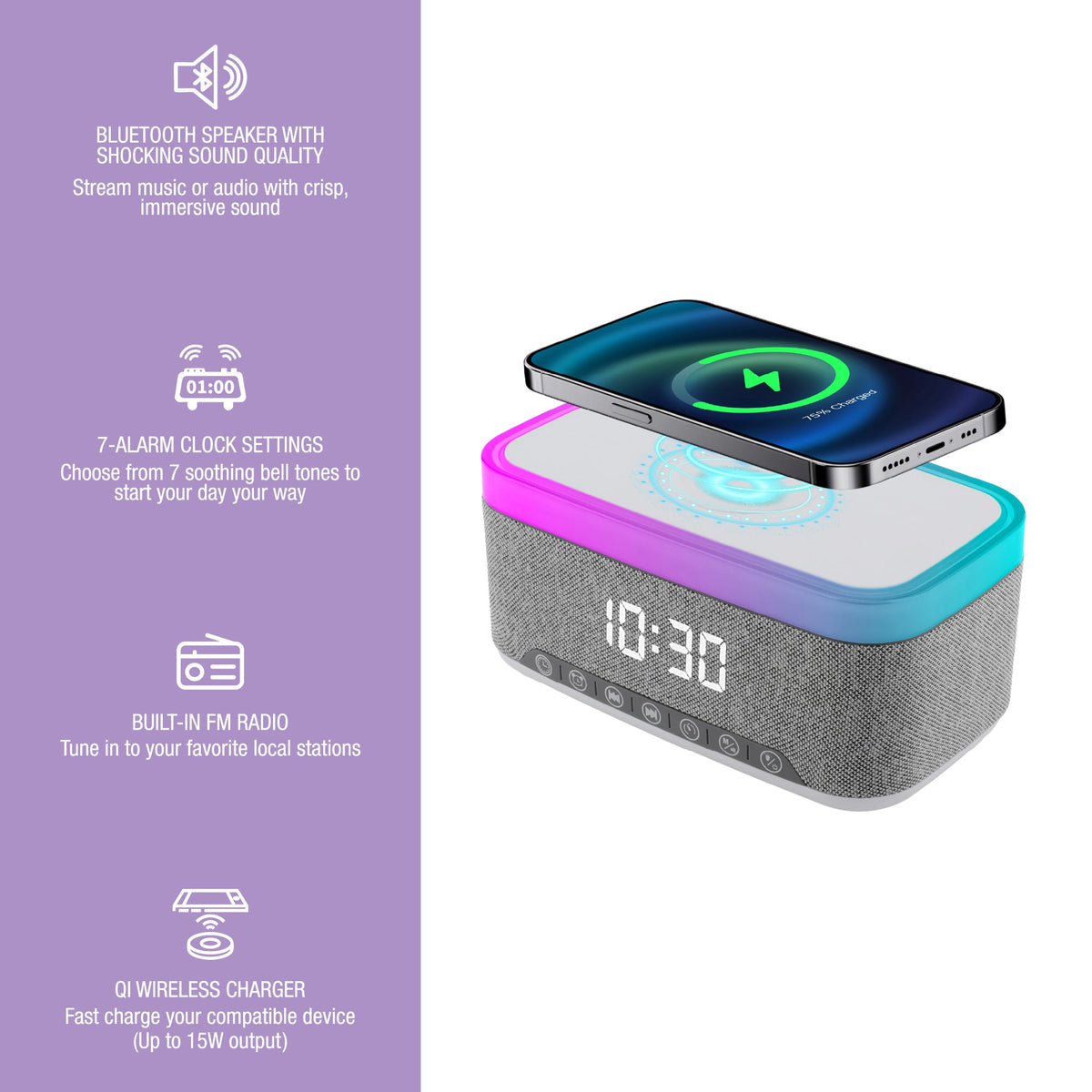 2-in-1 Charging & Illumination Set – Wireless Charging Alarm Clock Speaker + LED Desk Lamp Charger Pursonic