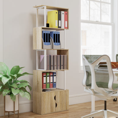 Bibliothèque à 5 niveaux, meuble de rangement avec étagères et placard double porte, 60 x 23,8 x 179,2 cm, bois naturel