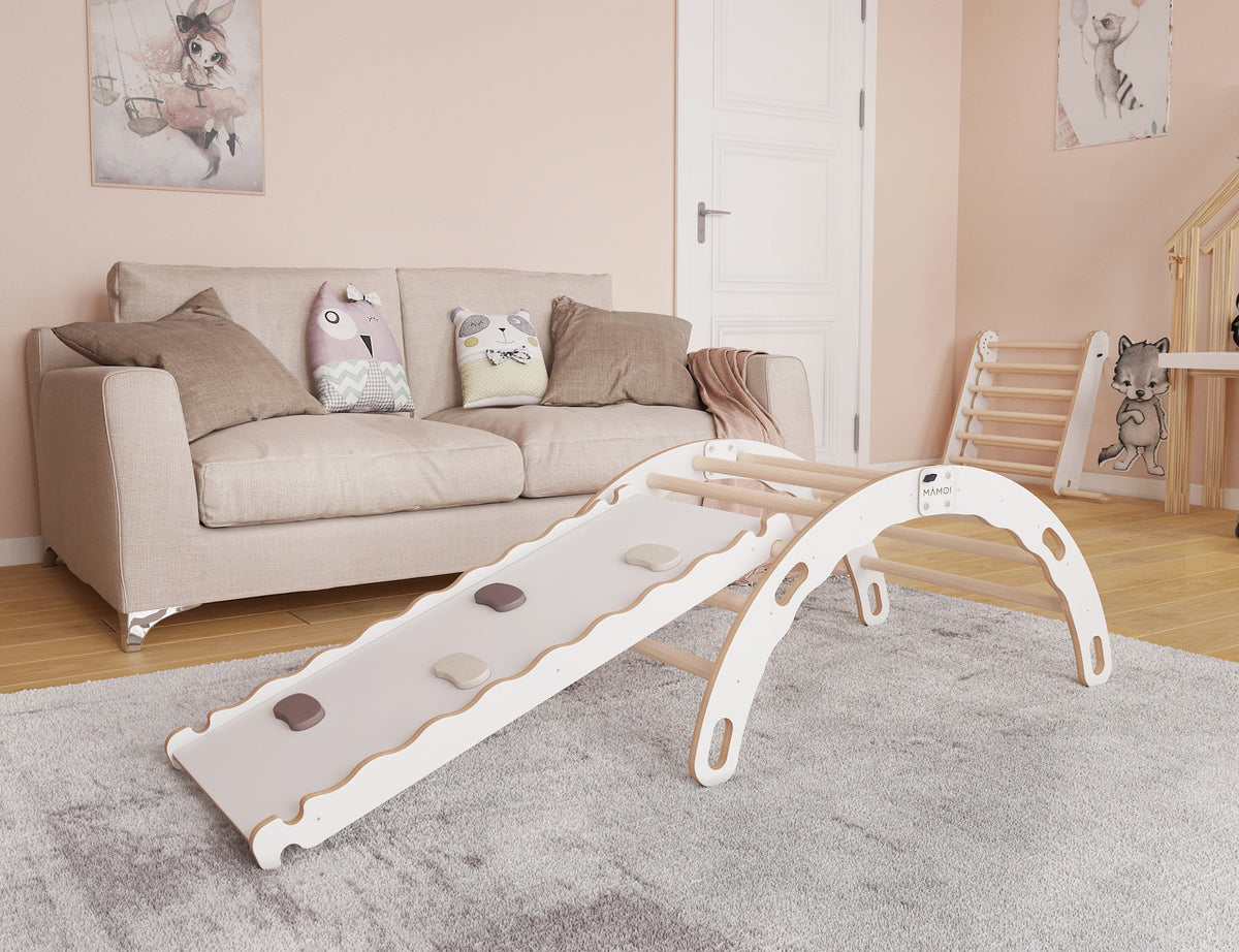 MAMOI® Arrampicata per bambini con scivolo in legno naturale, Dondolo triangolo, Altalena da casa interno, Parete arco montessori a partire da 1 anno 2/3 anni