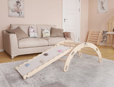 MAMOI® Bujak drewniany dla dzieci ze zjeżdżalnią | Drewniana kołyska Drewniana drabinka do bujania z naturalnego drewna | Wielofunkcyjny bujak montessori Wspinaczka dla dzieci | CE | 100% ECO | Wyprodukowano w UE