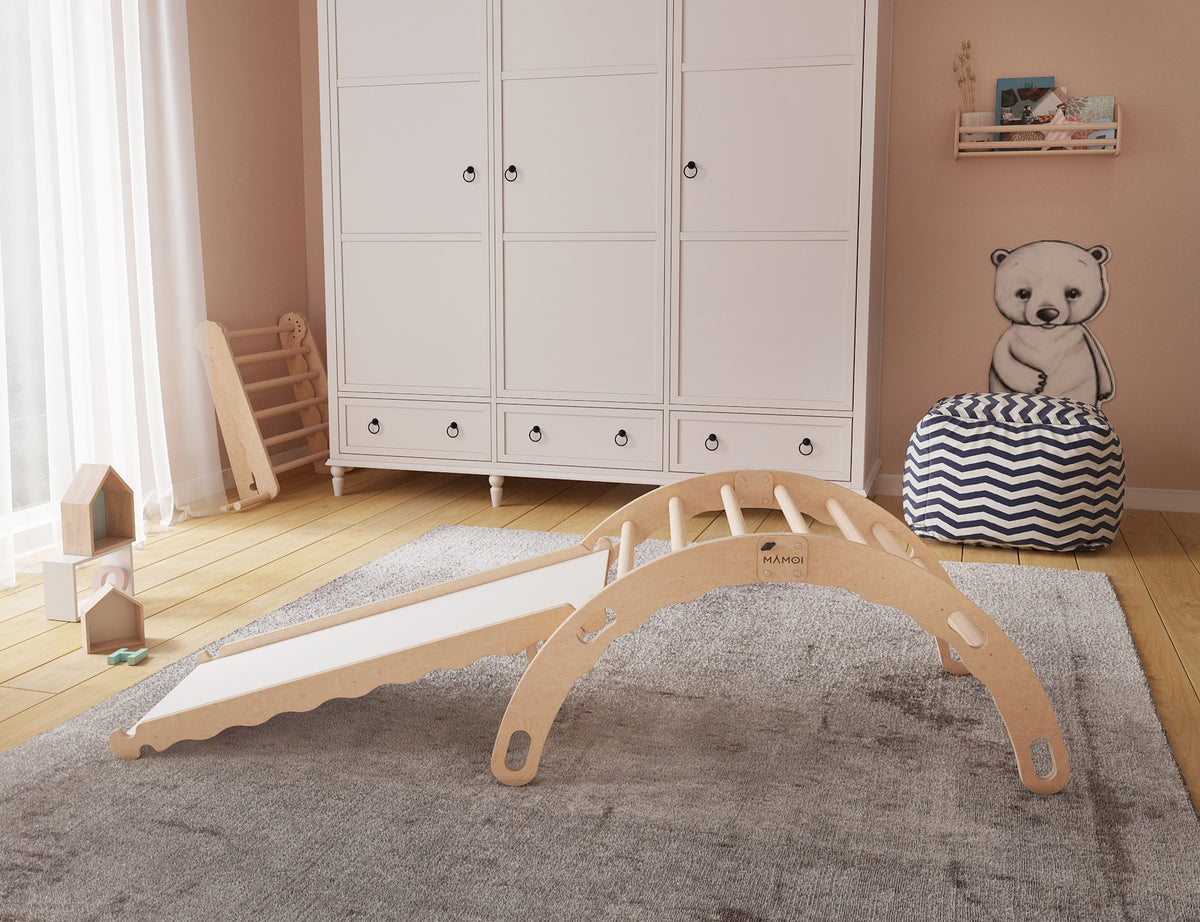 MAMOI® Bujak drewniany dla dzieci ze zjeżdżalnią | Drewniana kołyska Drewniana drabinka do bujania z naturalnego drewna | Wielofunkcyjny bujak montessori Wspinaczka dla dzieci | CE | 100% ECO | Wyprodukowano w UE