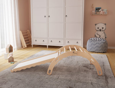 MAMOI® Bujak drewniany dla dzieci ze zjeżdżalnią | Drewniana kołyska Drewniana drabinka do bujania z naturalnego drewna | Wielofunkcyjny bujak montessori Wspinaczka dla dzieci | CE | 100% ECO | Wyprodukowano w UE