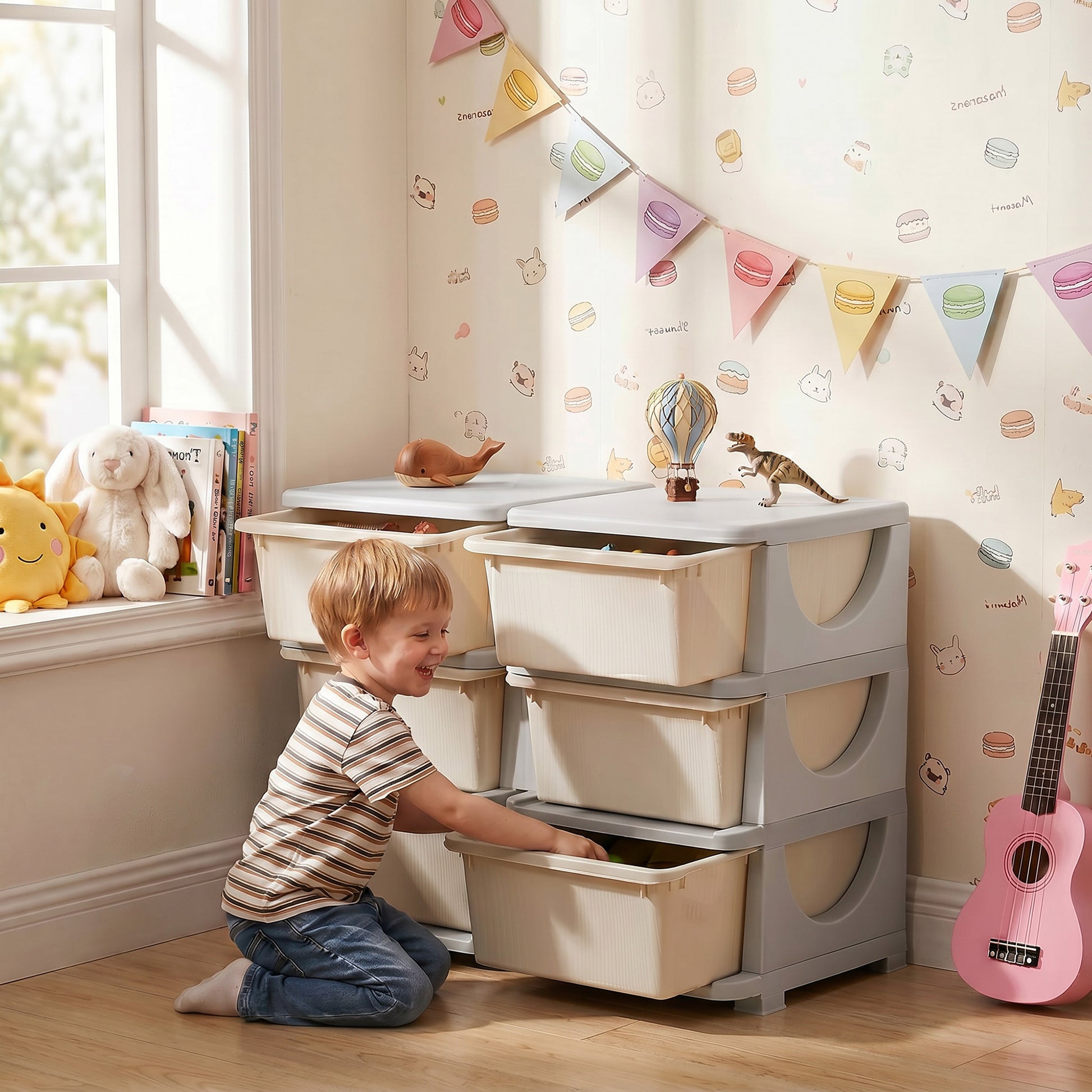 Organisateur de jouets pour enfants à 3 niveaux avec 6 tiroirs, boîtes de rangement en plastique, 75x37x56,5cm, crème