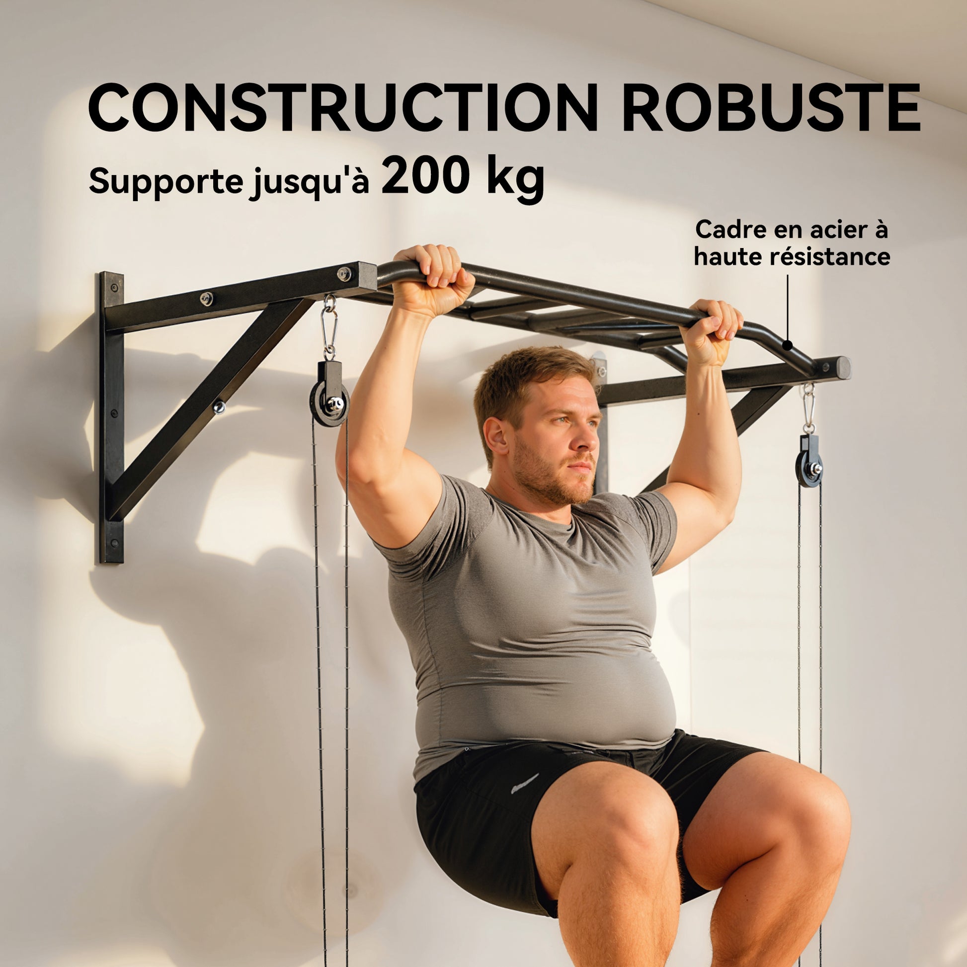 Barre de traction murale barre de fitness multi-prise système de poulie à câble charge 200kg, acier 126x60x45,5cm, noir