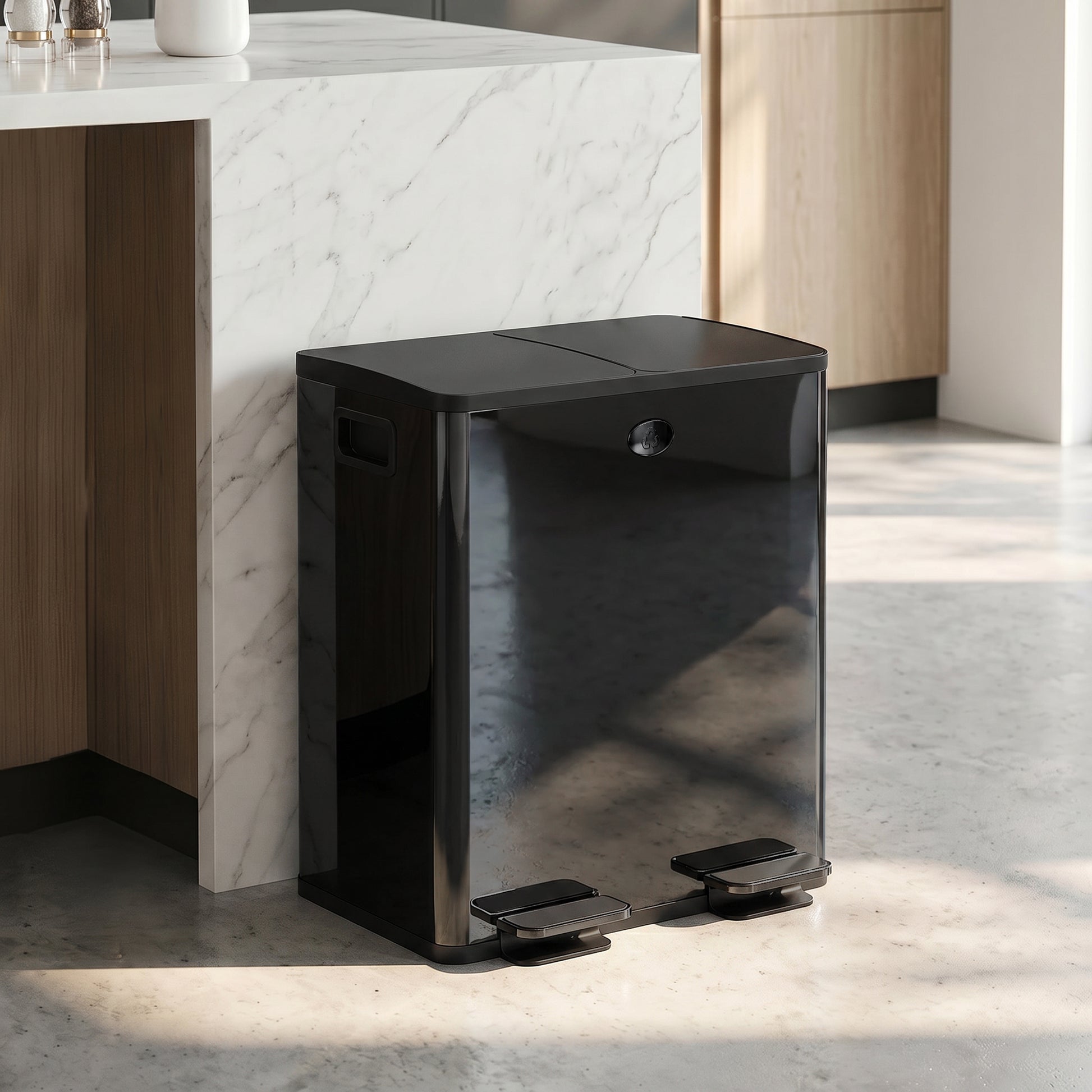 Poubelle de cuisine 2 compartiments de 2 x 20L, acier inoxydable, couvercle à fermeture douce, 45,8x36x51,6cm, noir