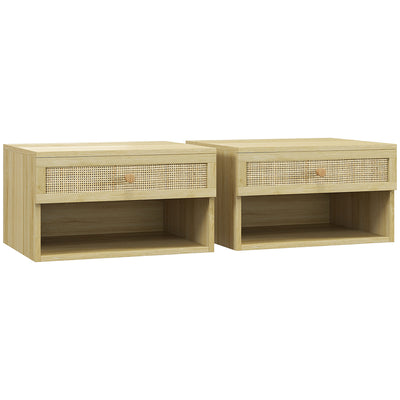 Lot de 2 tables de chevet murales tiroir coulissant, niche, plateau - en bois dim. 40L x 34l x 23H cm