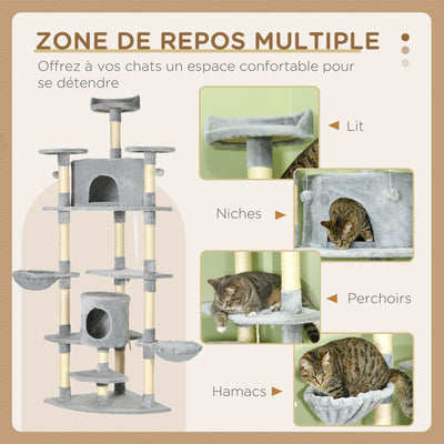 Arbre à chat XXL arbre à grimper pour chat multi-équipements griffoirs 6 plate-formes 2 niches hauteur 200 cm gris