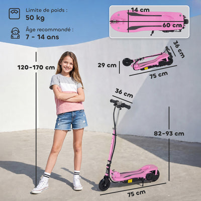 Trottinette électrique pliante pour enfant de 7+ans, 120W Vitesse max 12km/h, 75x36x82-93 cm rose