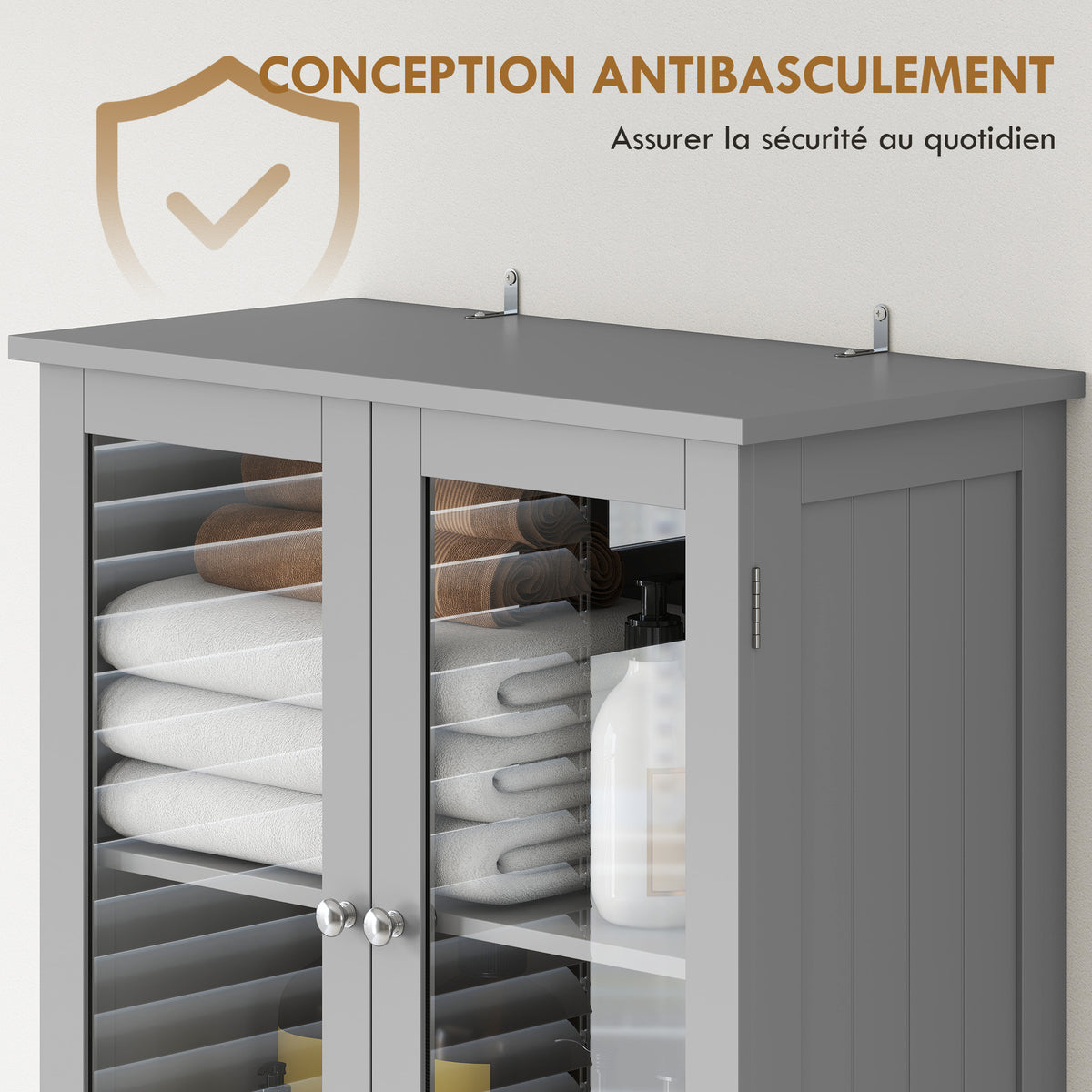 Meuble de salle de bain haut, meuble de rangement avec 4 portes dont 2 vitrées, 2 tiroirs et étagères réglables, gris Aosom