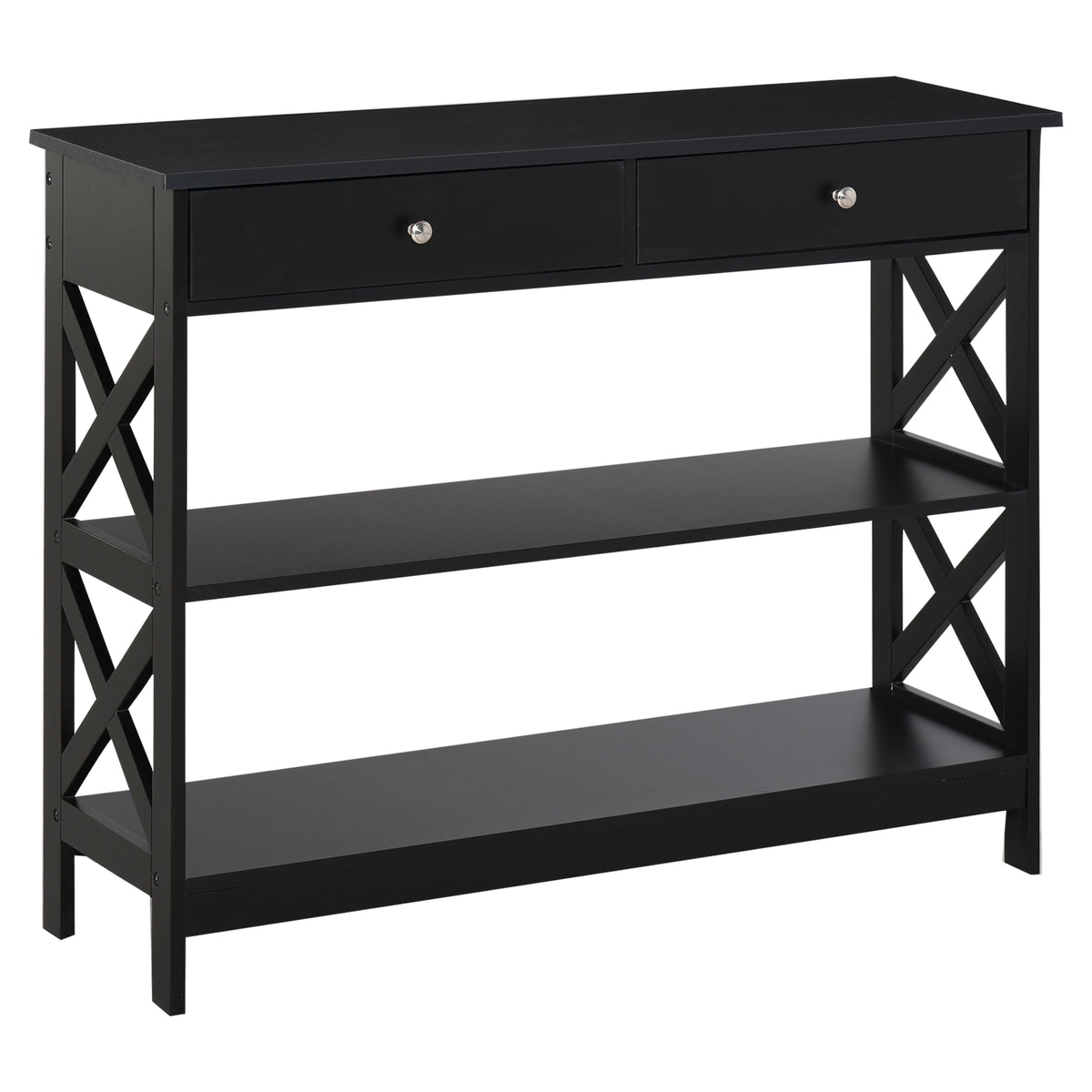 Table de console table d'entrée style table de drapier néo-rétro 2 tiroirs 2 étagères dim. 100L x 30,5l x 80H cm en bois noir