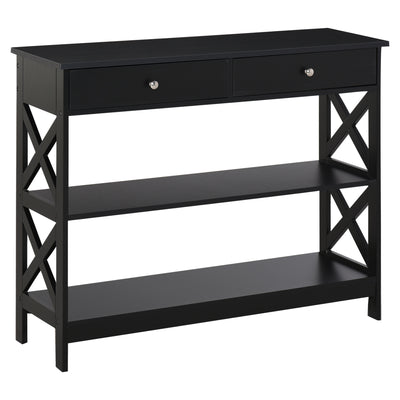 Table de console table d'entrée style table de drapier néo-rétro 2 tiroirs 2 étagères dim. 100L x 30,5l x 80H cm en bois noir