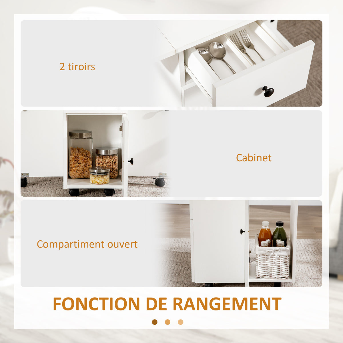 Table de cuisine pliable table à manger pliante 2 plateaux rabattables avec 2 tiroirs 1 placard blanc