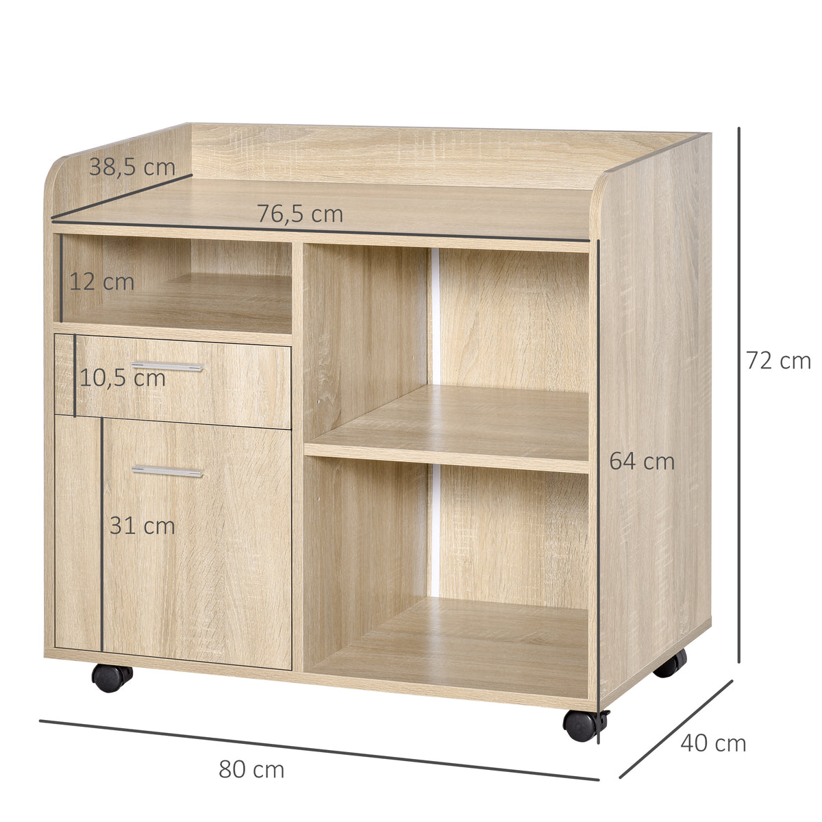 Support d'imprimante - Caisson d'organisation de Bureau Roulant - Dim. 80l x 40P x 72H cm en Bois Chêne clair