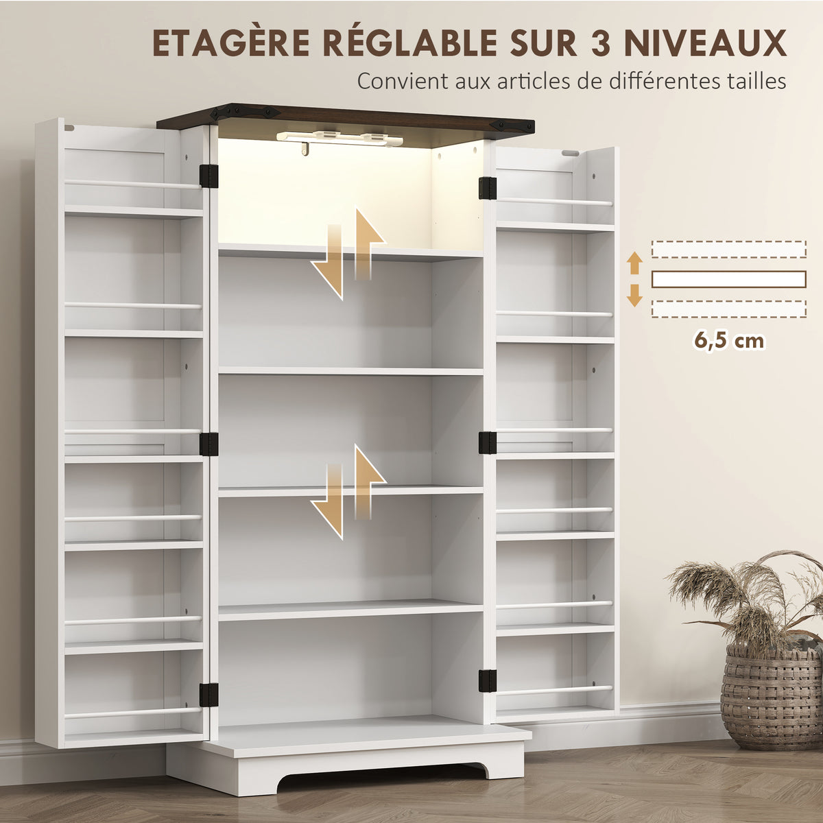 Buffet cuisine, meuble cuisine rangement, avec 12 étagères à portes, lumière LED magnétique, 60 x 40 x 120 cm, blanc