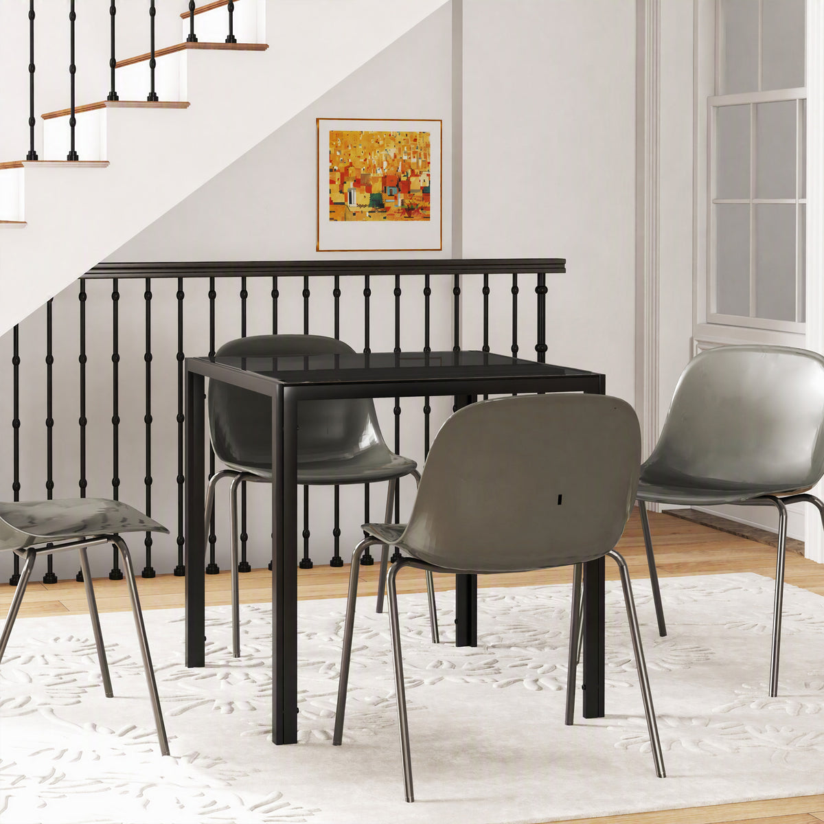 Table à manger pour 4 personnes, table de cuisine avec plateau en verre trempé et pieds en acier, 75 x 75 x 75 cm, noir