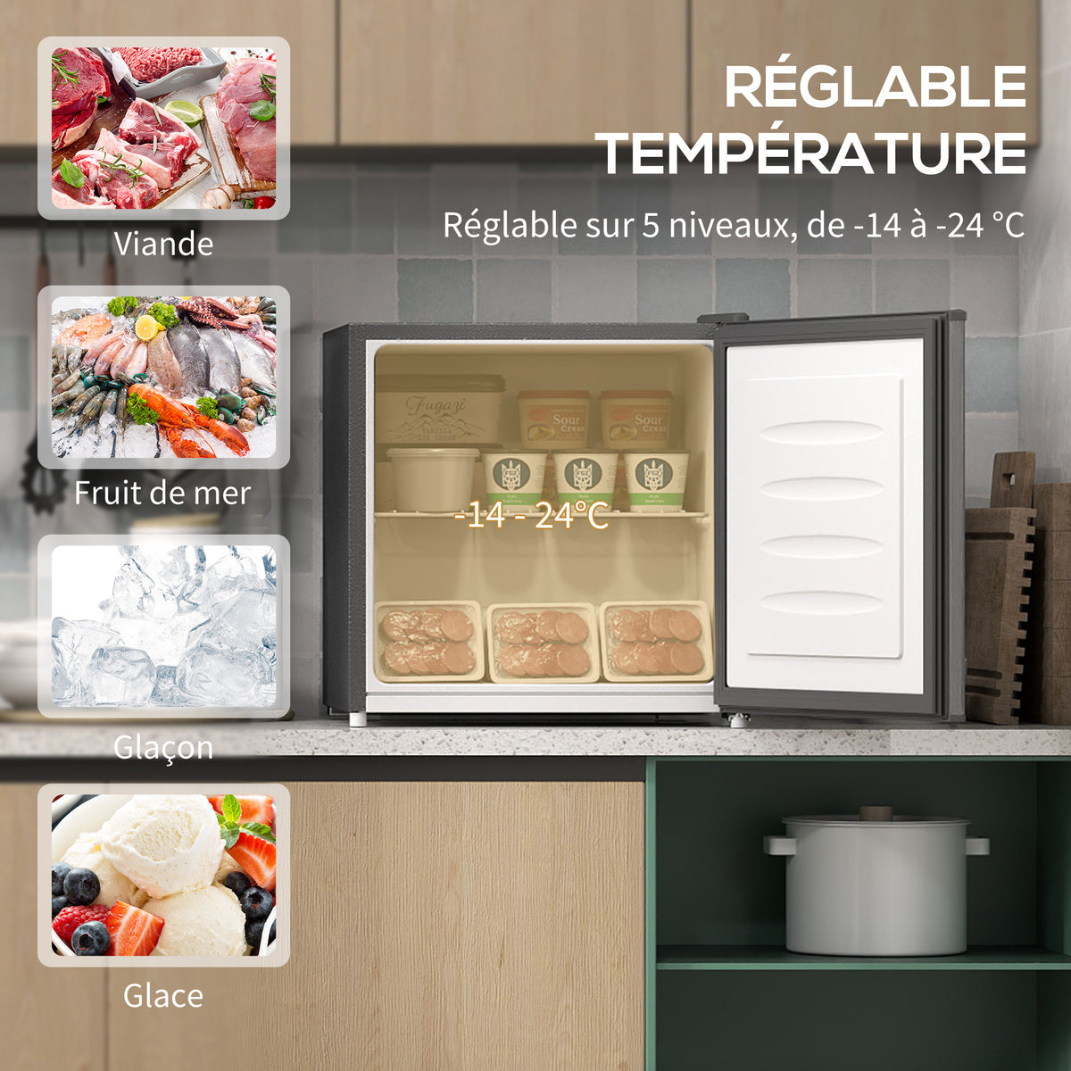Mini congélateur Température Réglable de -14 à -24°C Compact 35L - Porte réversible Classe E - 47x44,2x48,8cm - Gris