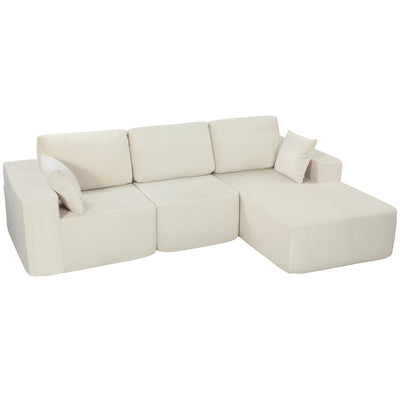 Canapé d'angle modulable 2 en 1, 267cm, canapé-lit 3 places en velours côtelé, larges assise et accoudoirs, crème
