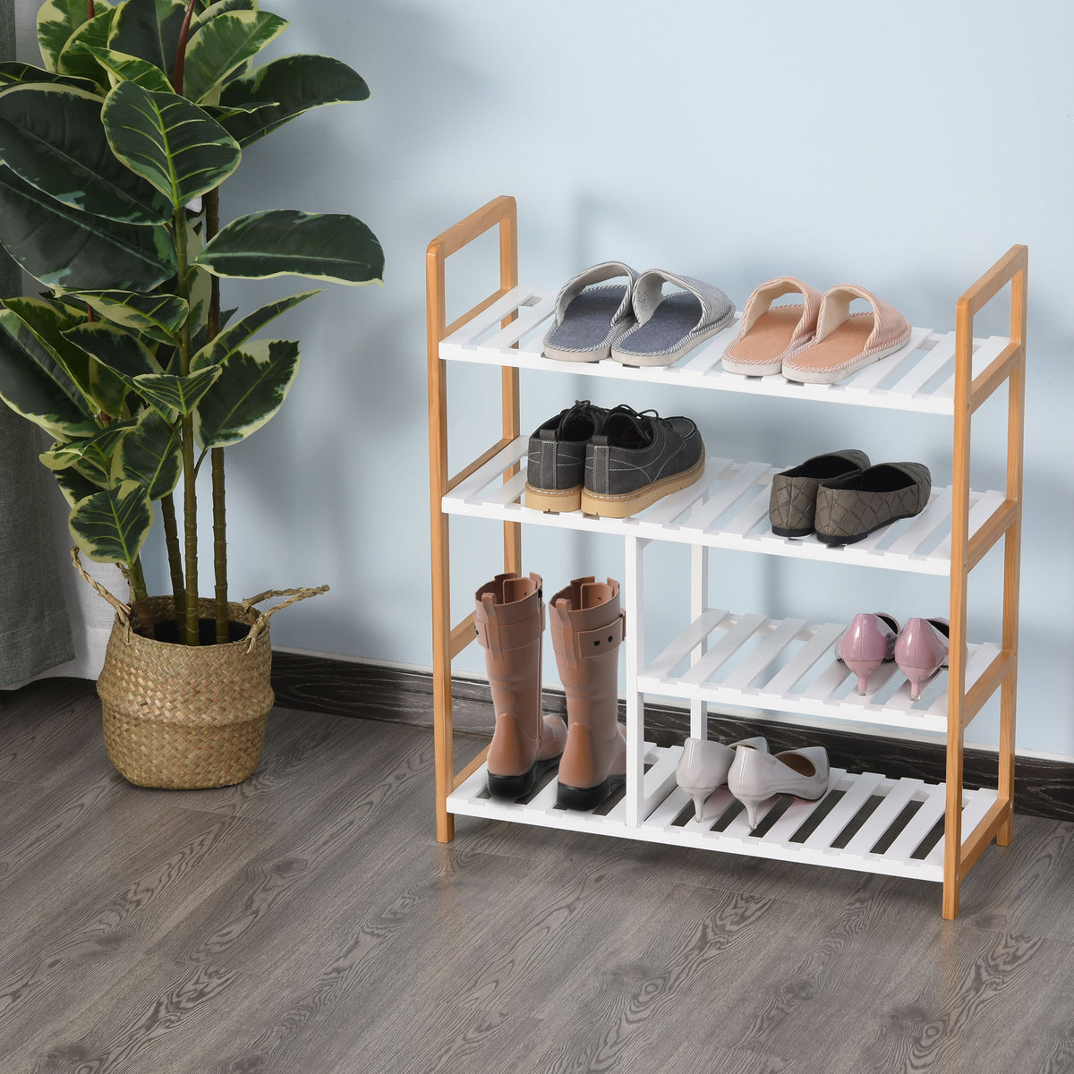 Etagère à Chaussures - étagère de Rangement - Meuble Chaussures 4 Niveaux Bois de pin étagères à Lattes MDF Blanc