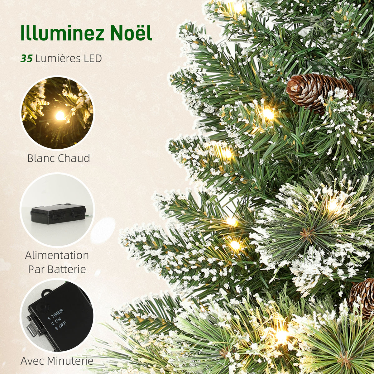 Sapin de Noël artificiel 60 cm, mini arbre de Noël de table floqué avec 35 LED, pommes de pin, fonctionne à piles, vert