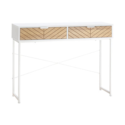 Table Console Industriel 2 tiroirs Aspect Bois de chêne sculpté Motif à Chevrons piètement métal Blanc