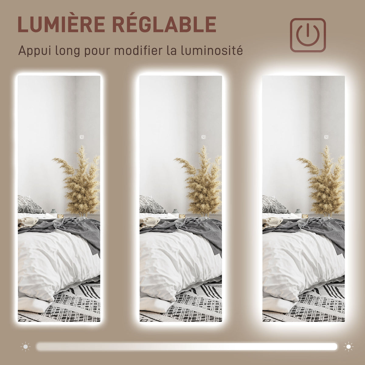 Grand miroir mural LED miroir pleine longueur 3 couleurs de lumière réglables fonction mémoire 120 x 40 cm transparent