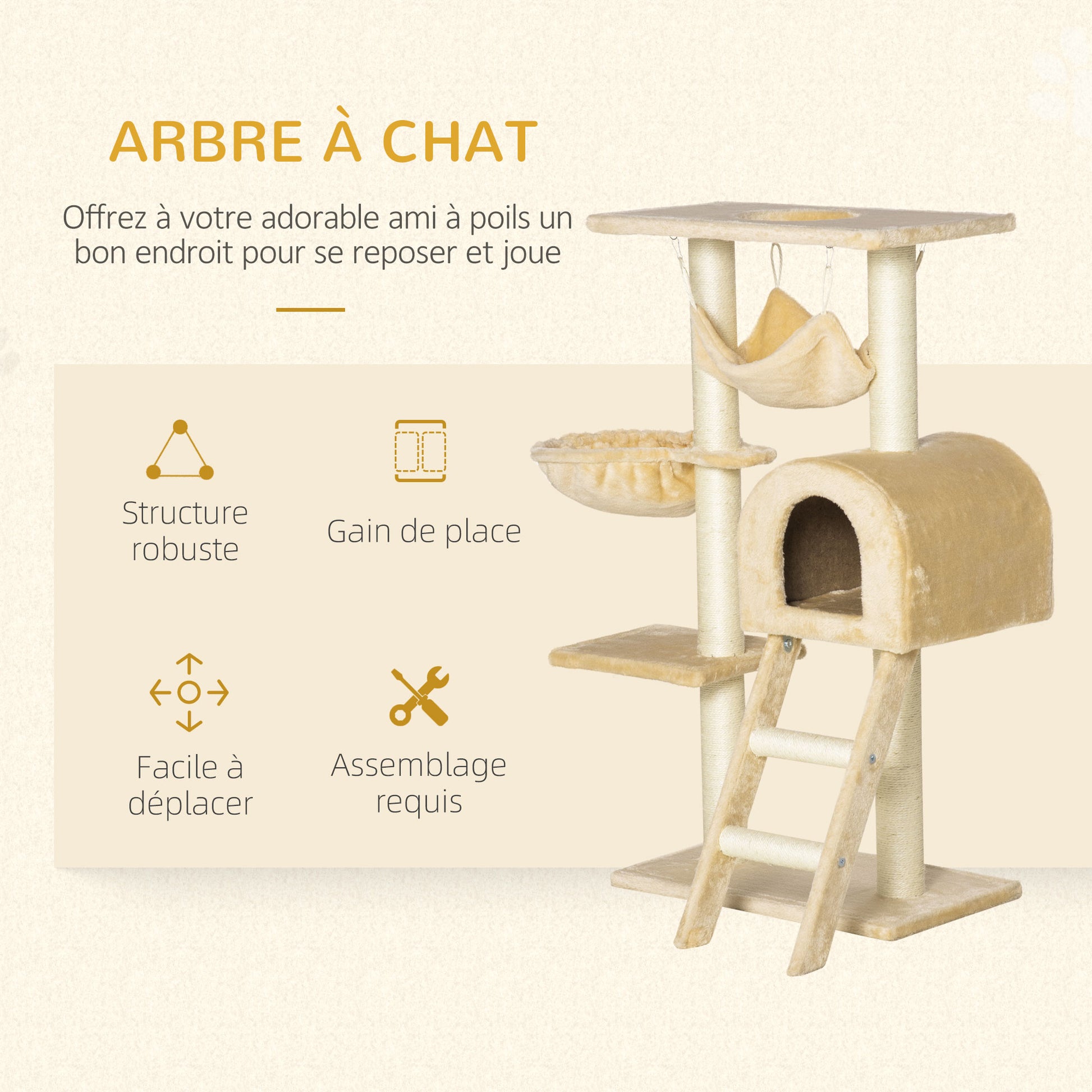 Arbre à chat griffoir arbre à grimper stable à plusieurs niveaux centre d'activités hauteur 98 cm beige