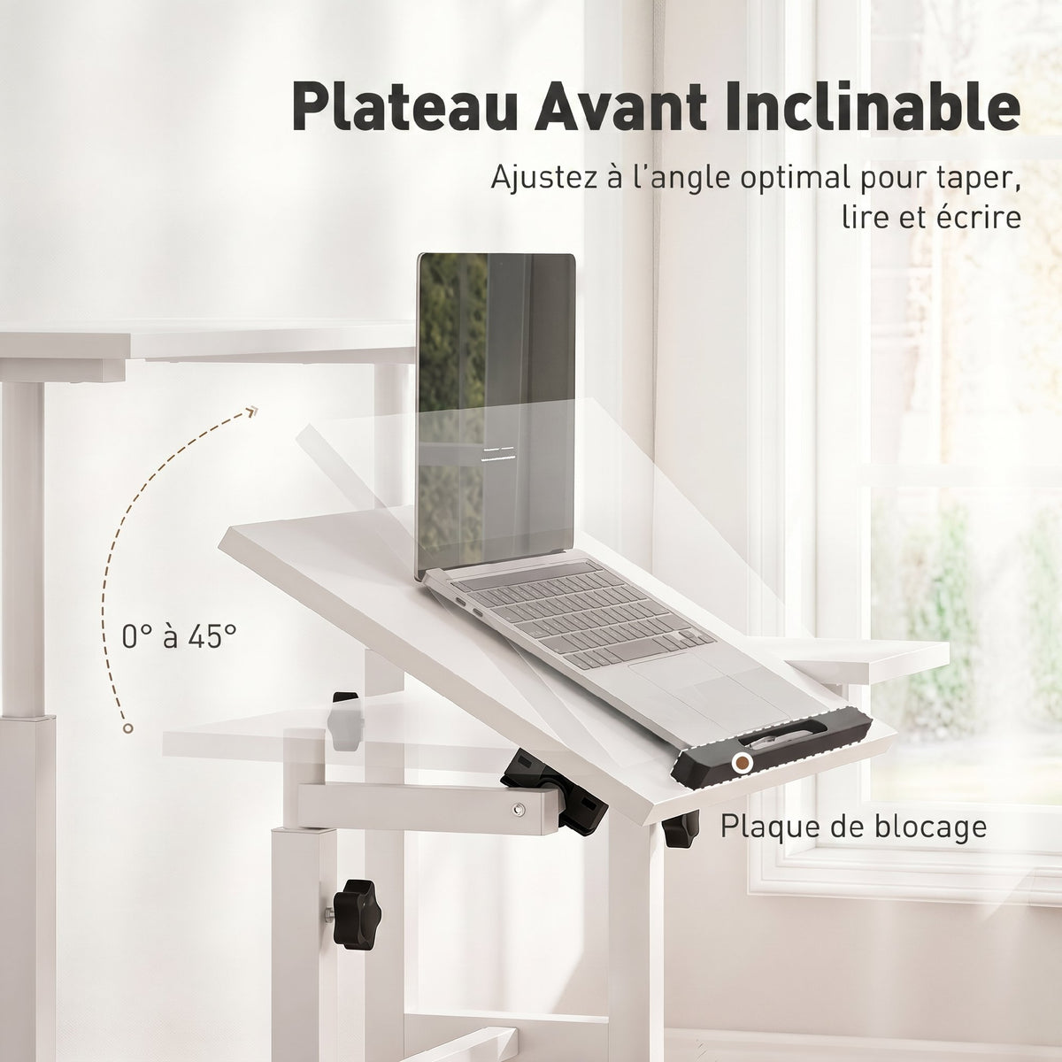 Bureau Assis-Debout, Bureau Réglable en Hauteur 70 x 60 cm, à Roulettes avec Plateau Inclinable, 70x60x70,5-120cm, Blanc