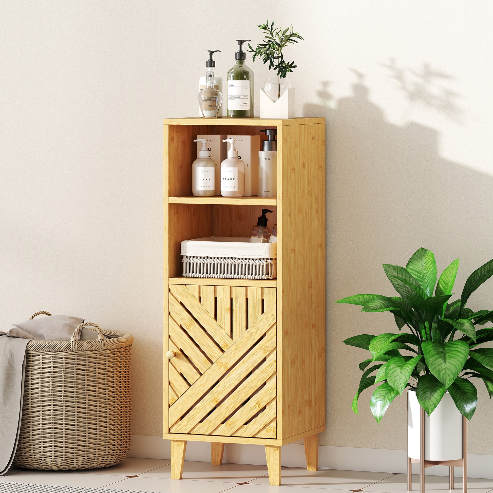 Meuble de salle de bain, meuble de rangement avec 1 placard, 2 compartiment ouvert, 32 x 30 x 90 cm, effet bois naturel