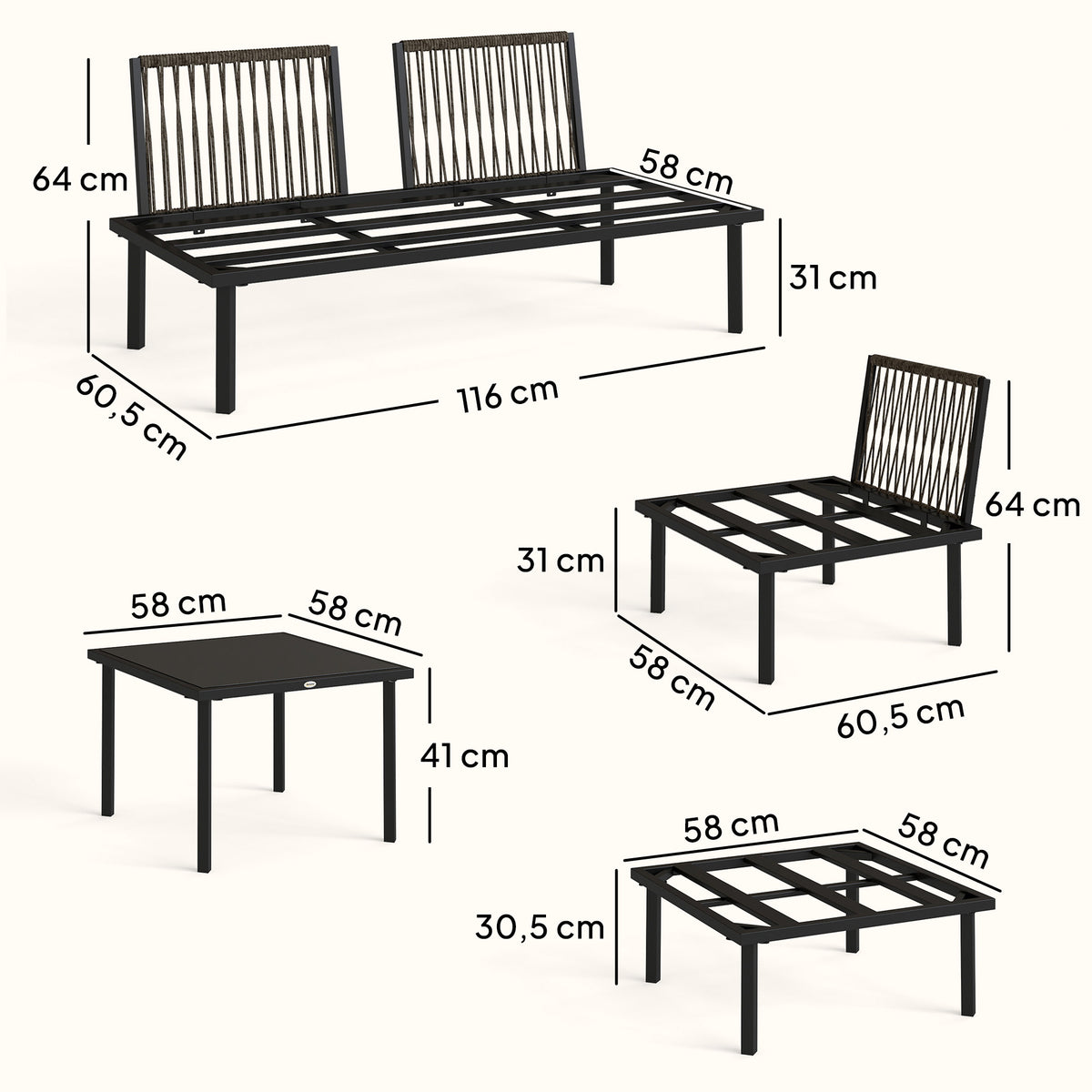 Salon de jardin extérieur d'angle modulable 6 personnes, table basse avec plateau en verre trempé, gris clair