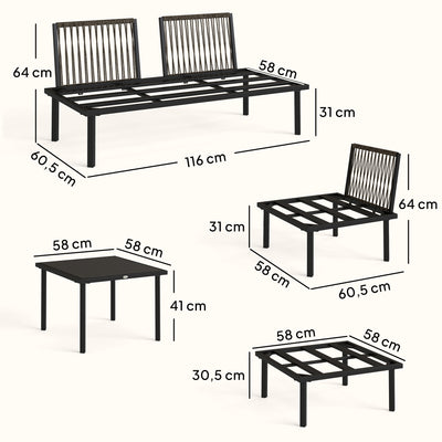 Salon de jardin extérieur d'angle modulable 6 personnes, table basse avec plateau en verre trempé, gris clair