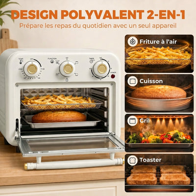 Four Friteuse à Air Chaud 12L, Four à Air Chaud Convection 1200 W avec Plaque de Cuisson, Panier de Friture, Crème