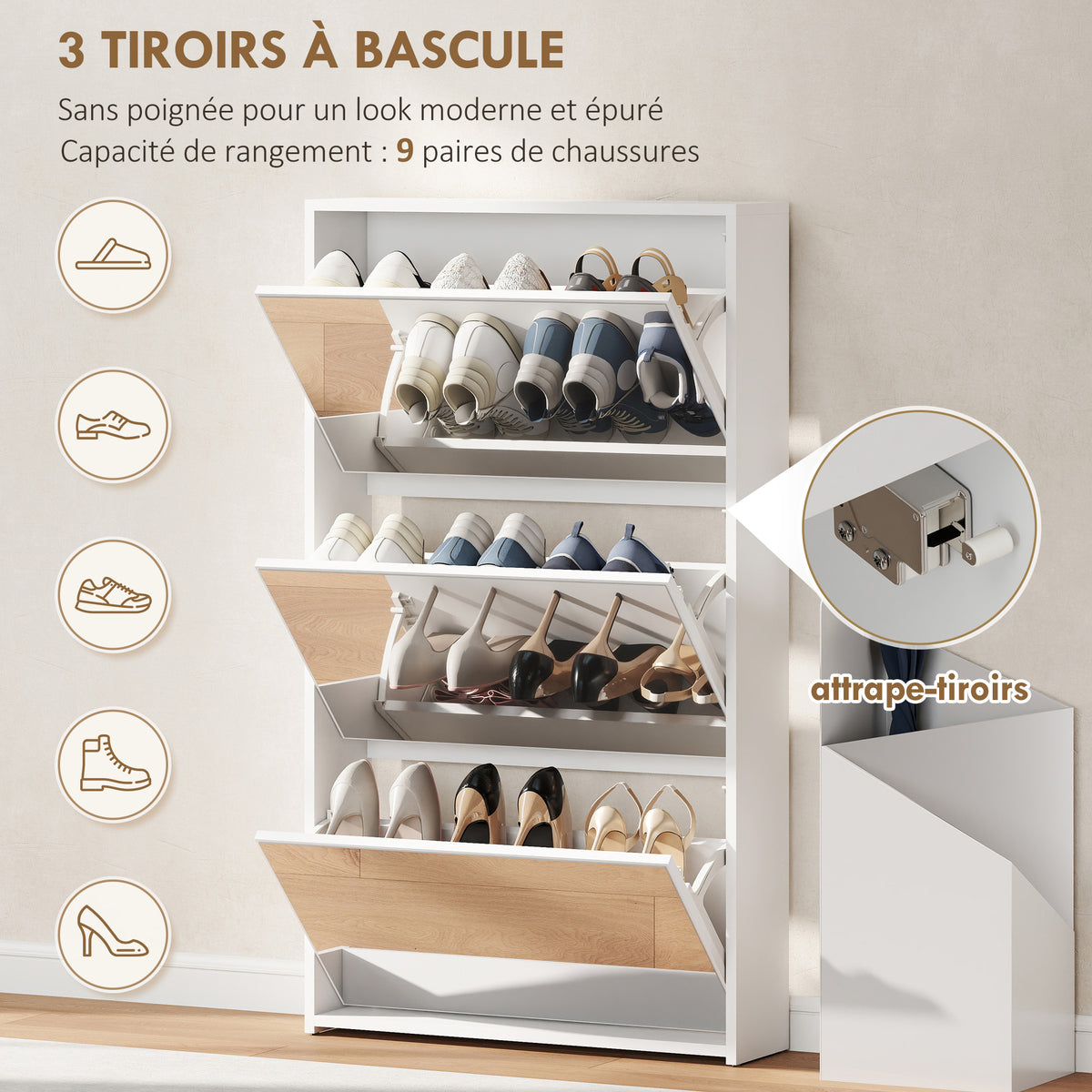 Meuble à chaussures 9 paires, armoire à chaussures étroite, 3 tiroirs rabattables et portes miroirs, 65x17x114,5cm blanc