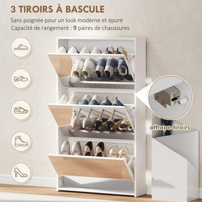 Meuble à chaussures 9 paires, armoire à chaussures étroite, 3 tiroirs rabattables et portes miroirs, 65x17x114,5cm blanc