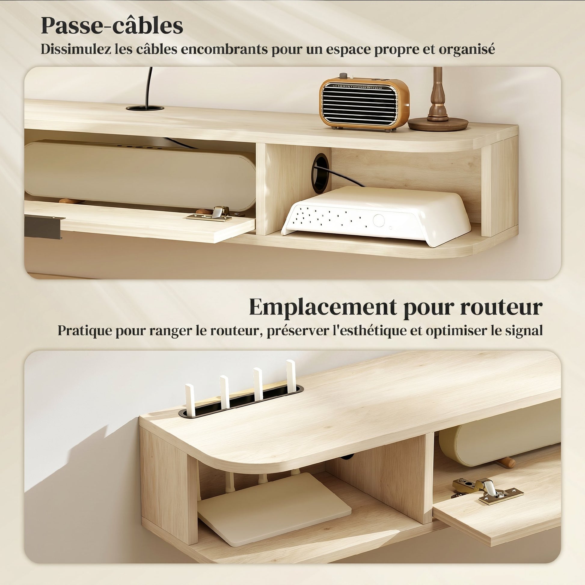 Meuble TV suspendu, meuble télé pour téléviseur jusqu'à 50 pouces, tiroir rabattable 2 étagères 120x24x16cm bois naturel