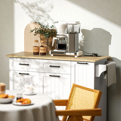 Îlot central cuisine mobile avec prise de courant et port USB, tablette à abattant, étagère réglable blanc