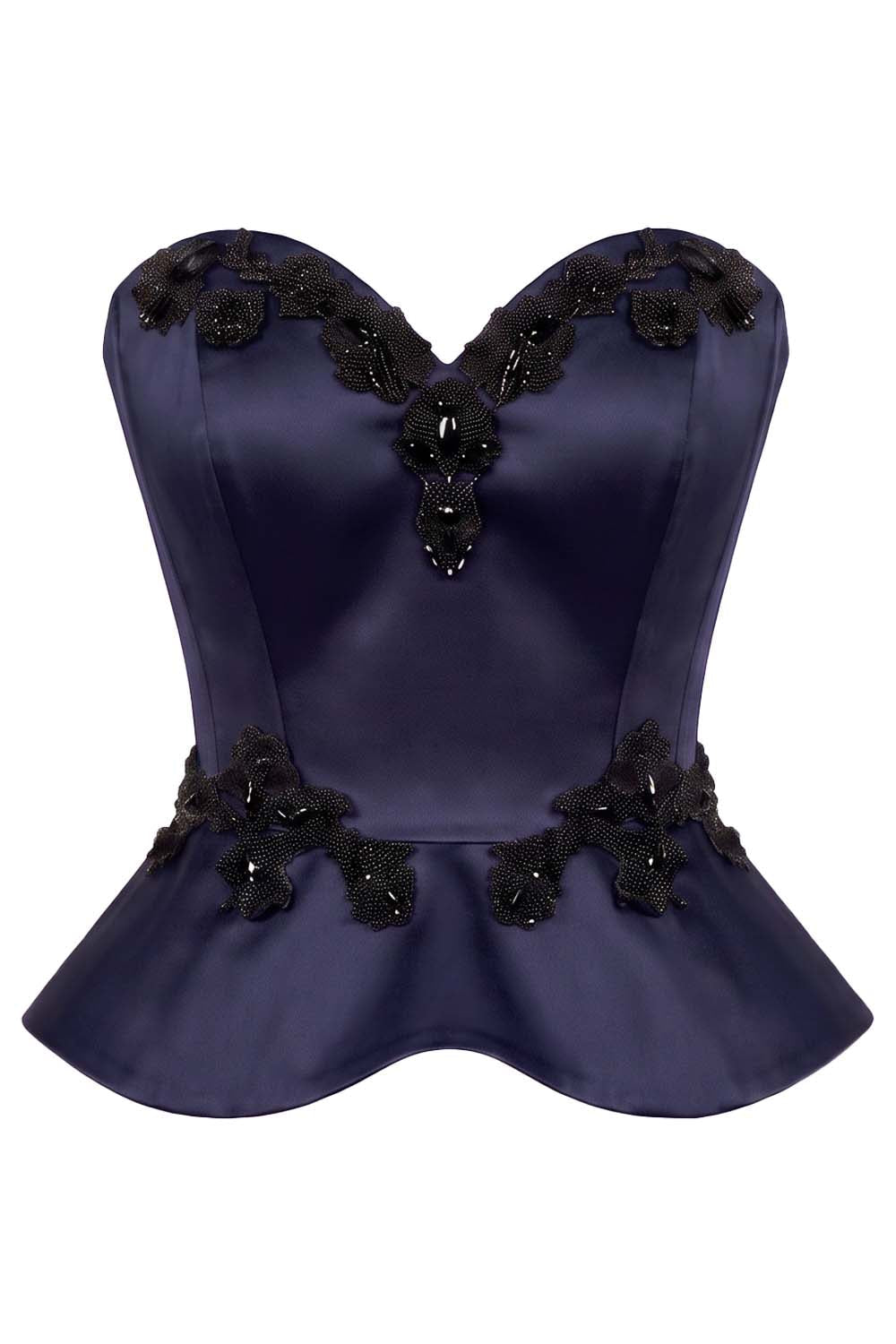 ODETTE Beaded Peplum Overbust Corset — Navy Luxe Noir