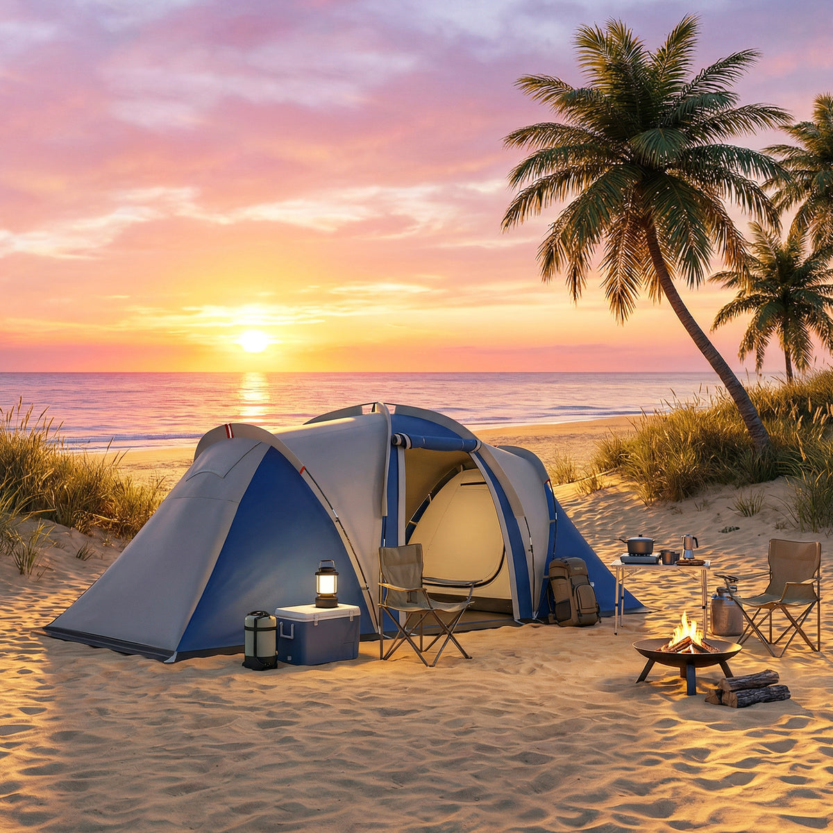 Tente de Camping Double Couche Tunnel Familiale 4-5 Personnes 2 Chambres et Séjour pour 12 Personnes Bleu