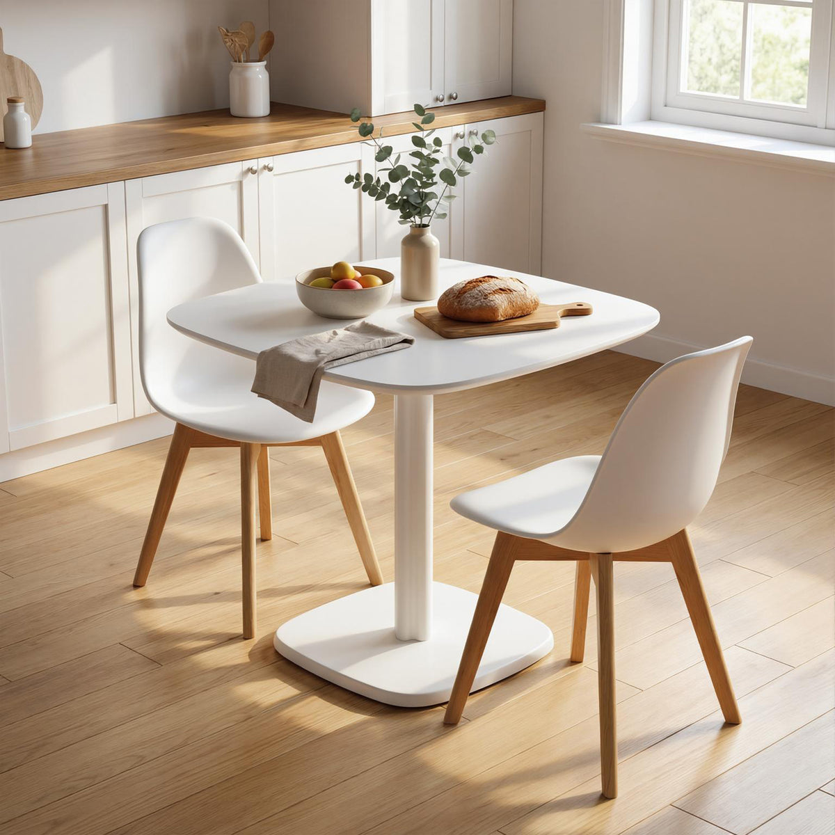Table à manger pour 4 personne table de cuisine carrée style moderne avec plateau aspect bois, 70 x 70 cm, blanc