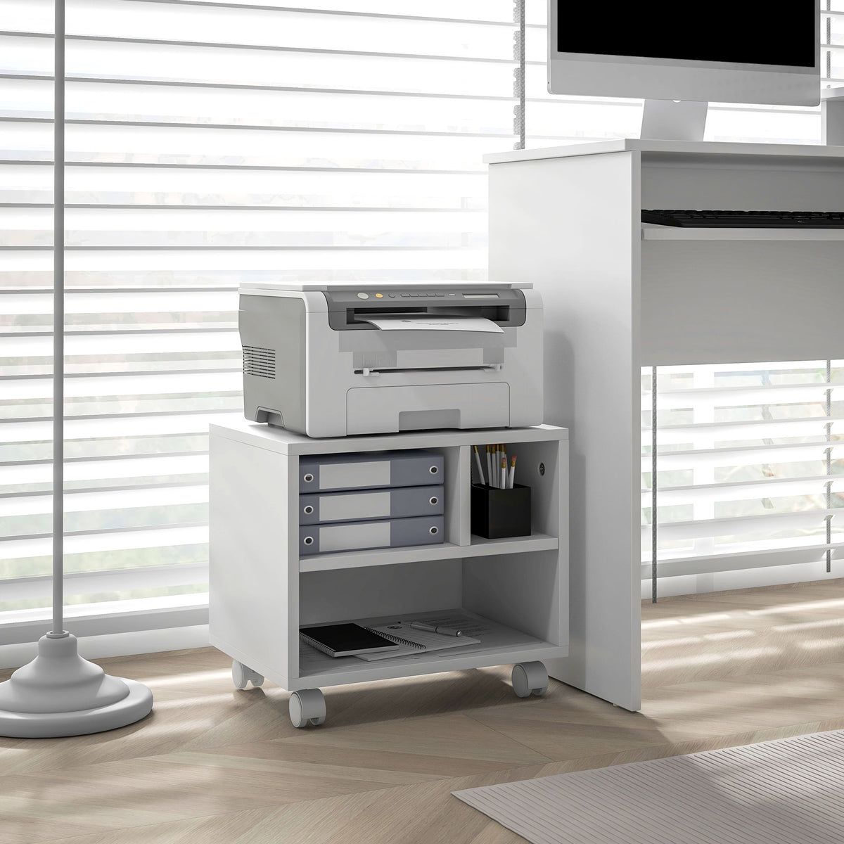 Support d'imprimante meuble de rangement bureau caisson 4 compartiments ouverts 40L x 30l x 36H cm blanc