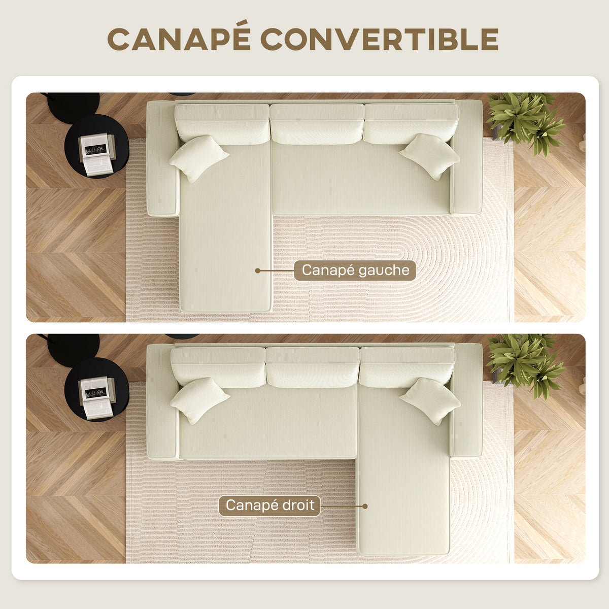 Canapé d'angle réversible 3 places moderne avec coussins inclus, tissu velours côtelé, crème
