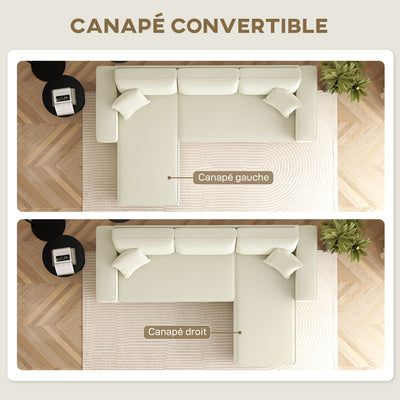 Canapé d'angle réversible 3 places moderne avec coussins inclus, tissu velours côtelé, crème