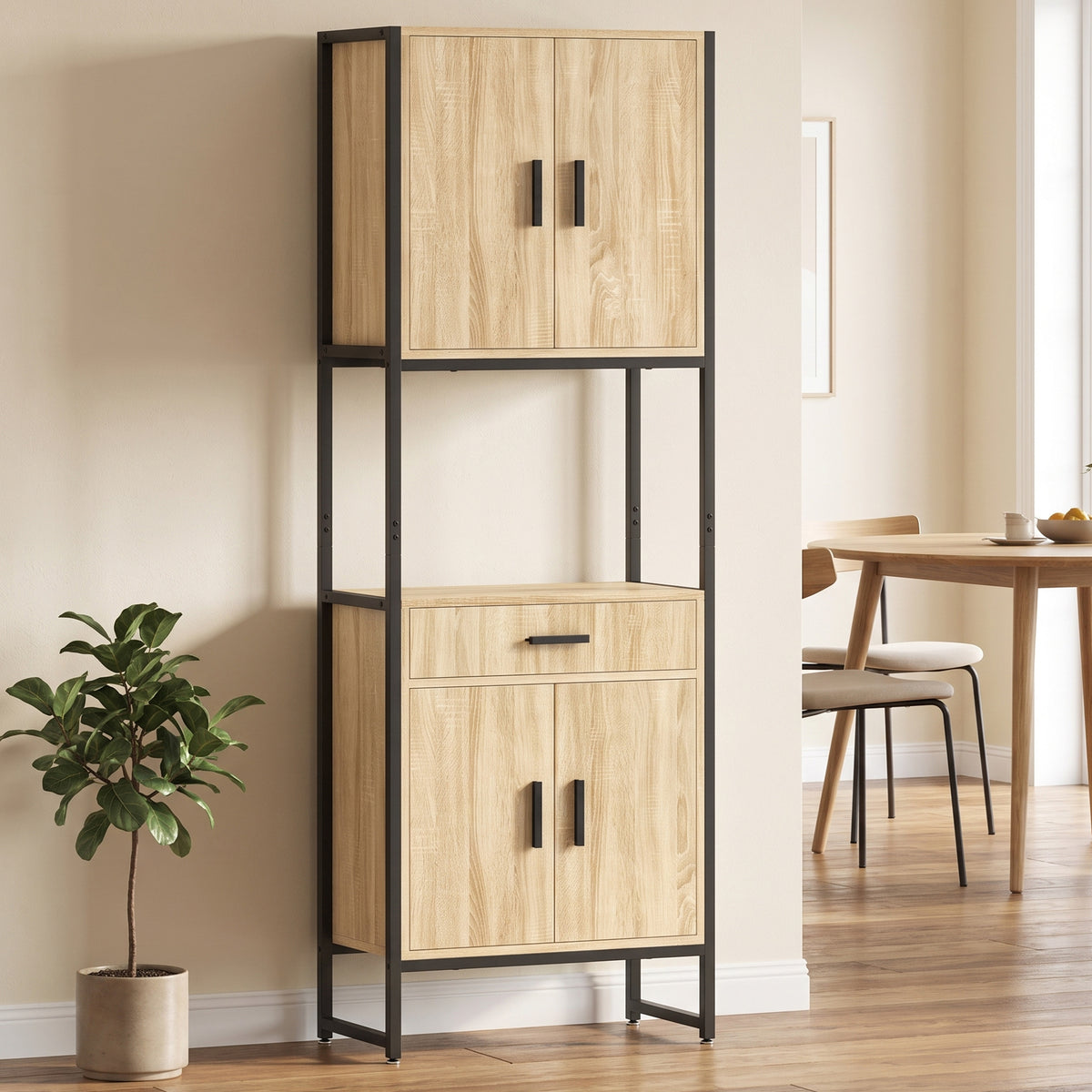 Buffet Haut Cuisine, Armoire de Cuisine, 4 Portes à Fermeture Douce, Tiroir, Plan de Travail, 60x30x170cm, Bois Naturel